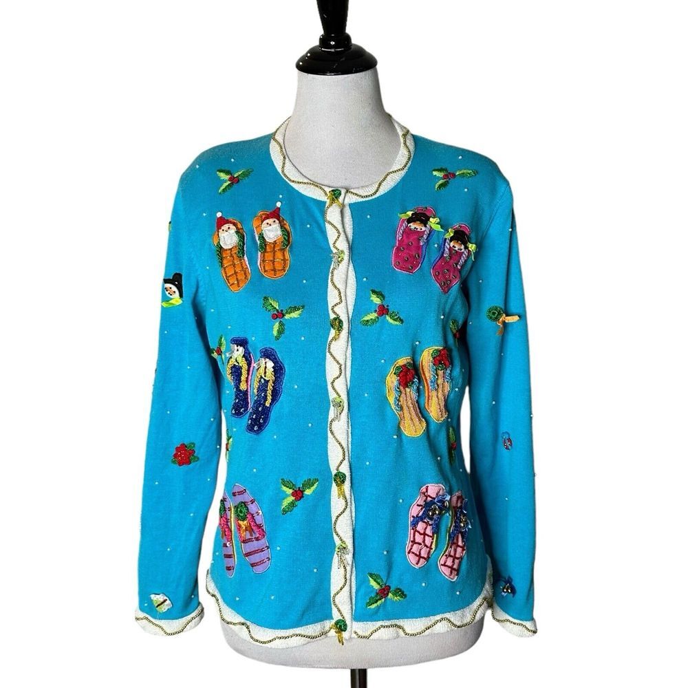 Berek Christmas Cardigan Sweater Flip Flops Beaded Holiday Size‎ L Embellished